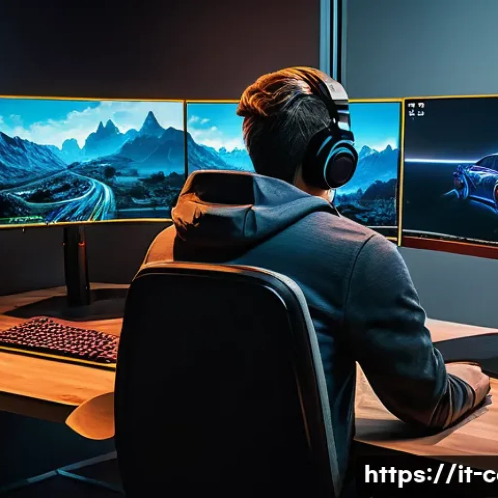 그래픽카드의 VRAM 용량 선택 팁 - A modern gaming setup showcasing a high-end PC gaming environment with multiple monitors displaying ...