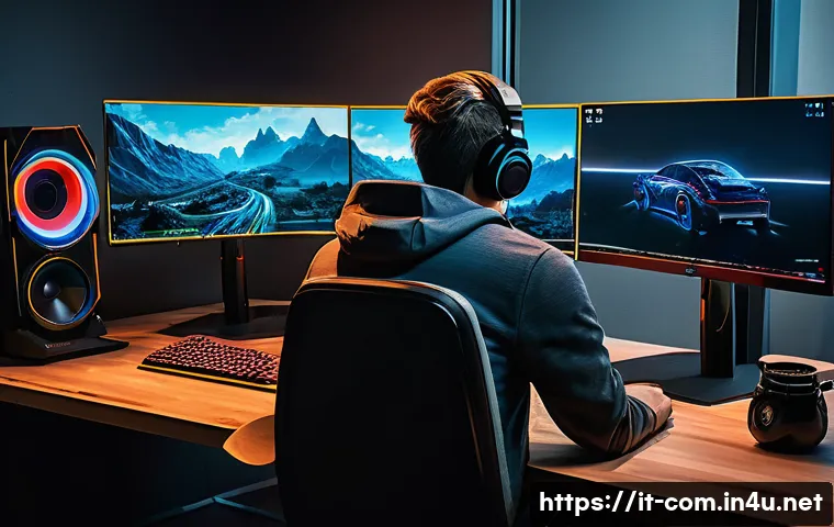 그래픽카드의 VRAM 용량 선택 팁 - A modern gaming setup showcasing a high-end PC gaming environment with multiple monitors displaying ...
