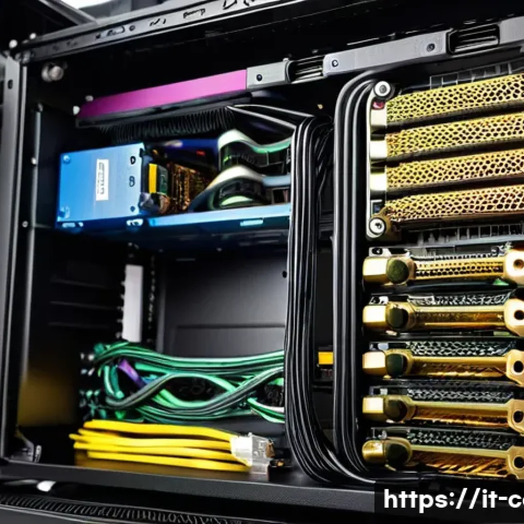 파워서플라이 선택 가이드 - A detailed, realistic illustration of a high-quality modular computer power supply unit (PSU) instal...