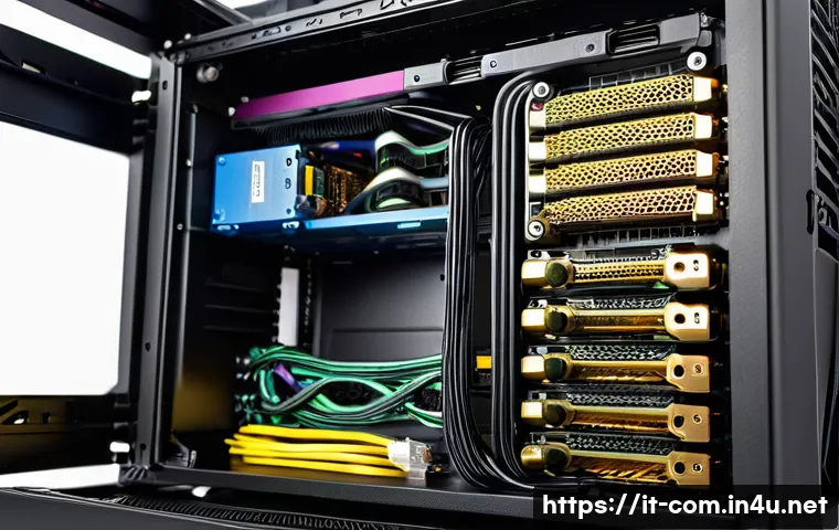 파워서플라이 선택 가이드 - A detailed, realistic illustration of a high-quality modular computer power supply unit (PSU) instal...
