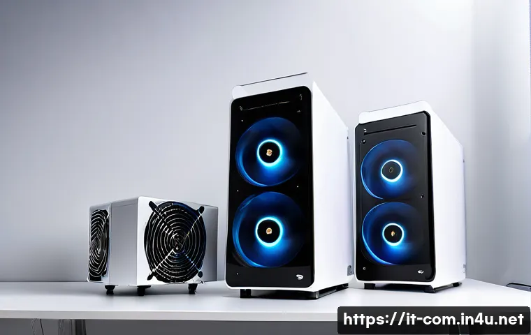 PC 케이스 선정 기준 - A sleek, modern PC setup showcasing three different computer cases side by side: a compact Mini-ITX ...