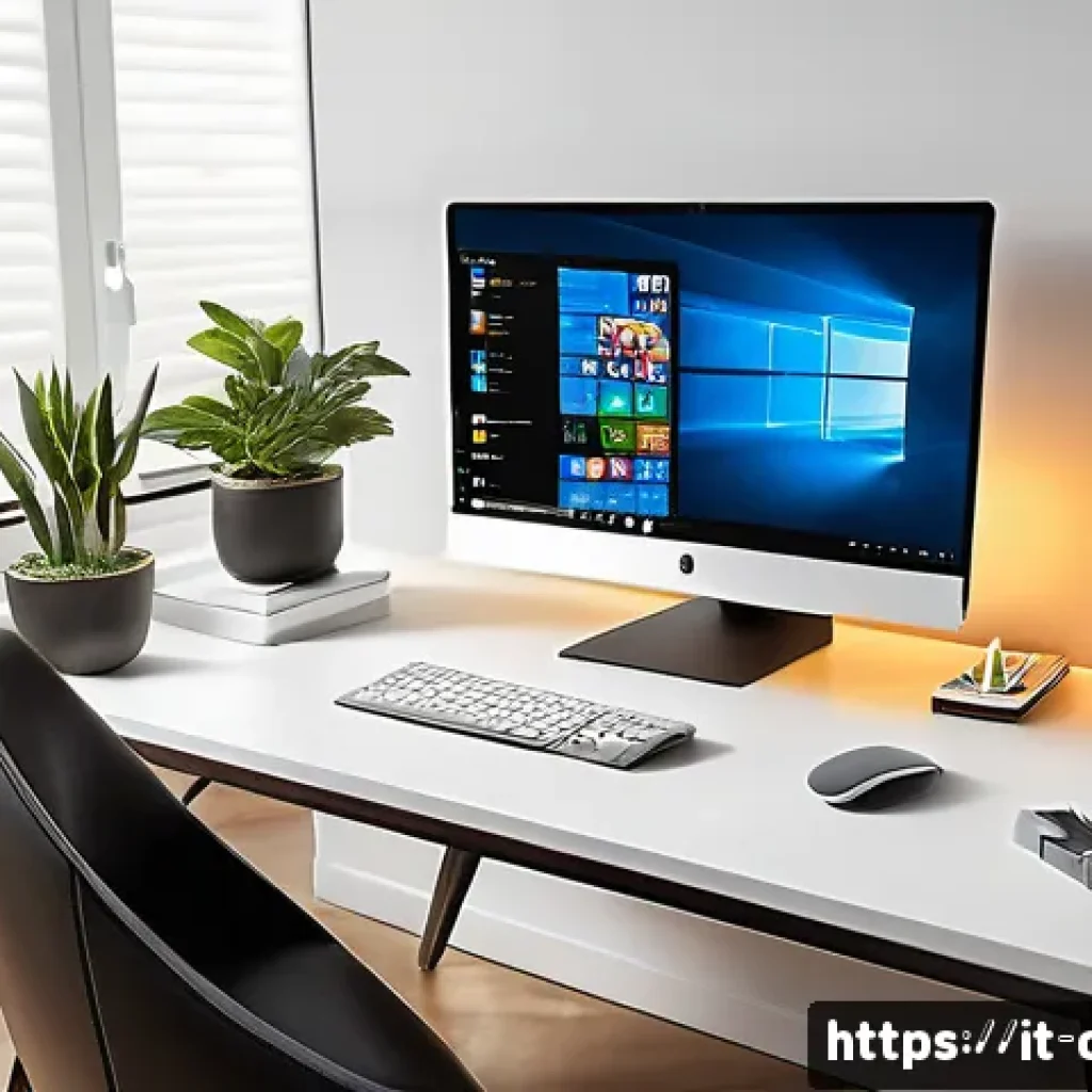 데스크탑 vs 올인원 PC 장단점 - A modern home office setup featuring a sleek All-in-One computer with a large 27-inch 4K display, in...