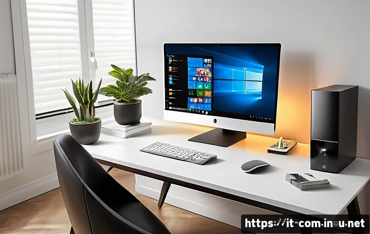 데스크탑 vs 올인원 PC 장단점 - A modern home office setup featuring a sleek All-in-One computer with a large 27-inch 4K display, in...