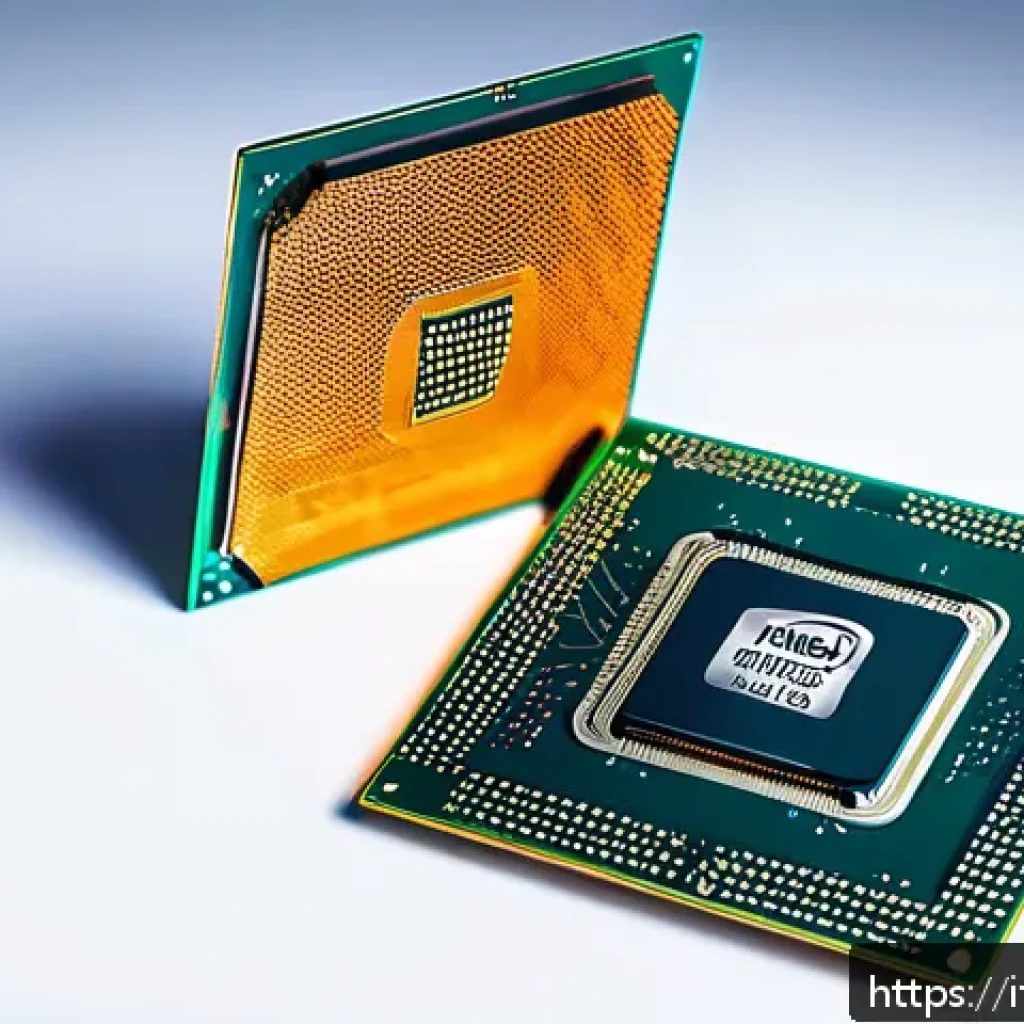 AMD와 Intel CPU 성능 차이 - A high-tech comparison scene showcasing two futuristic computer processors side by side on sleek mot...