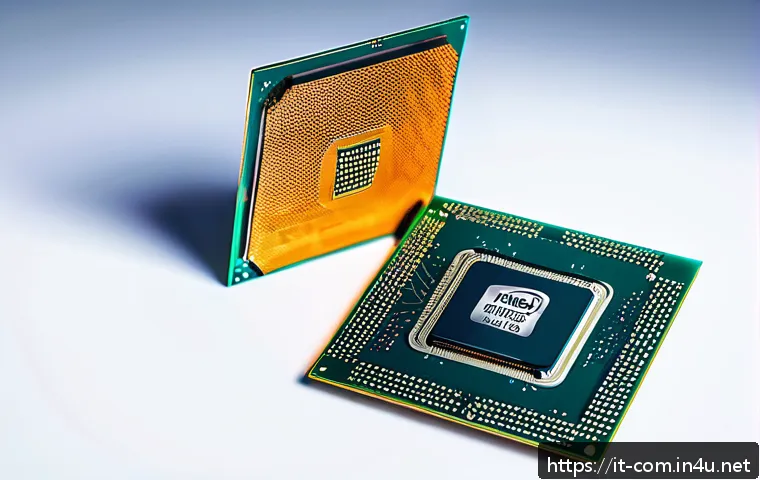 AMD와 Intel CPU 성능 차이 - A high-tech comparison scene showcasing two futuristic computer processors side by side on sleek mot...