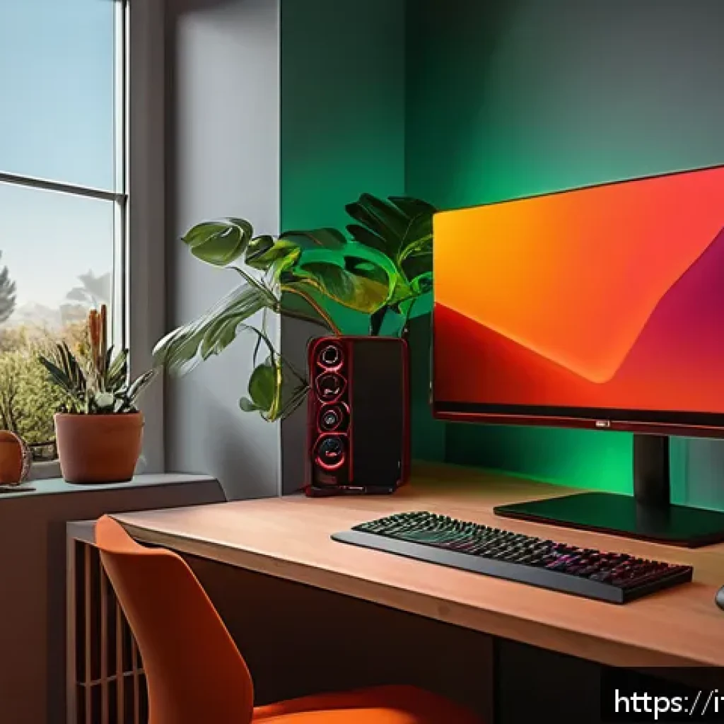 RGB PC 구성과 전력 소비 - A modern PC gaming setup in a cozy Italian home office during evening hours, featuring customizable ...
