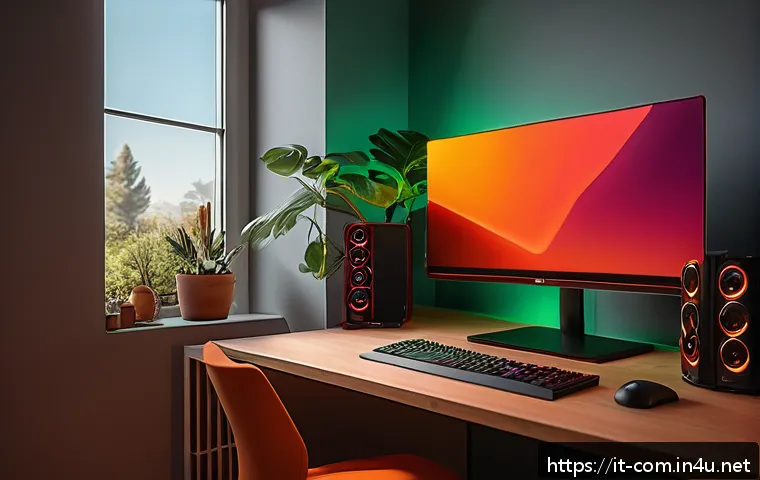 RGB PC 구성과 전력 소비 - A modern PC gaming setup in a cozy Italian home office during evening hours, featuring customizable ...