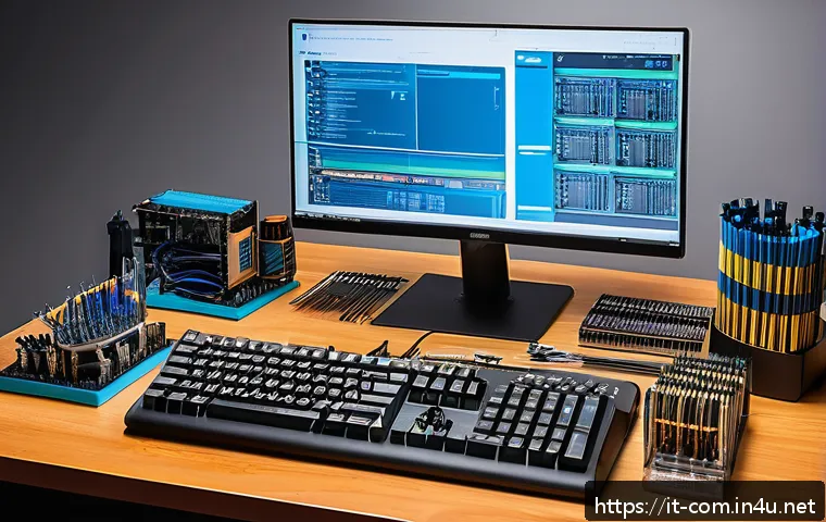초보자를 위한 컴퓨터 조립 가이드 - A modern PC building workspace featuring a clean, well-lit desk with a variety of tools neatly arran...