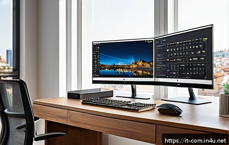최신 그래픽카드 드라이버 업데이트 방법 - A modern Italian home office setup featuring a sleek desktop PC with a visible open Device Manager w...