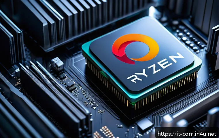 AMD Ryzen과 Intel Core 프로세서 비교 - A detailed, futuristic computer motherboard close-up showcasing the AMD Ryzen 7000 CPU installed in ...
