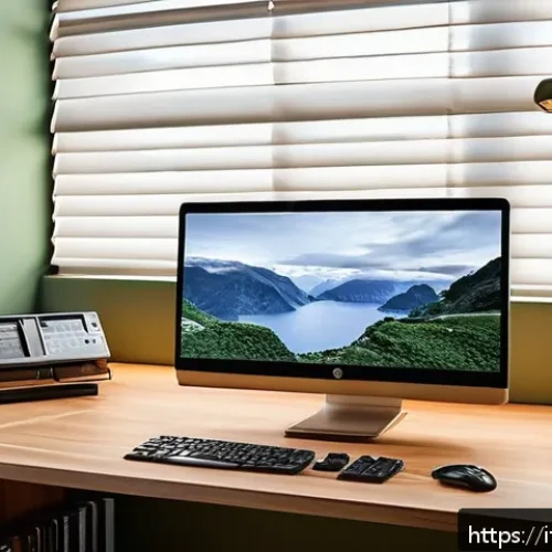 컴퓨터 화면 깜빡임 문제 해결 - A detailed close-up scene of a modern home office setup in an Italian apartment, featuring a sleek d...