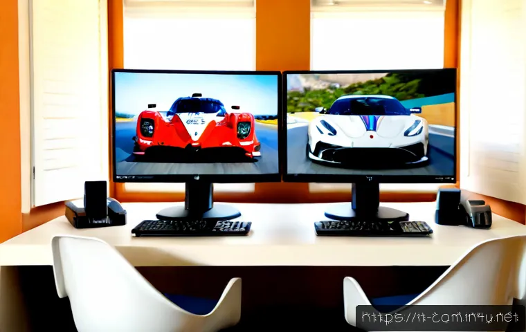 고주사율 모니터와 일반 모니터 비교 - Photorealistic side-by-side home office comparison, two identical modern monitors on a clean Italian...