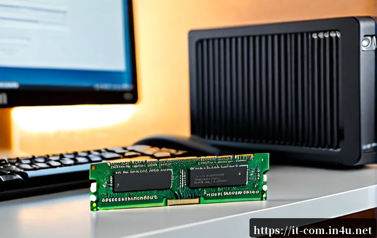 최고의 가성비 RAM 추천 - Photorealistic close-up of two unbranded desktop RAM modules beside an open computer case on a clean...