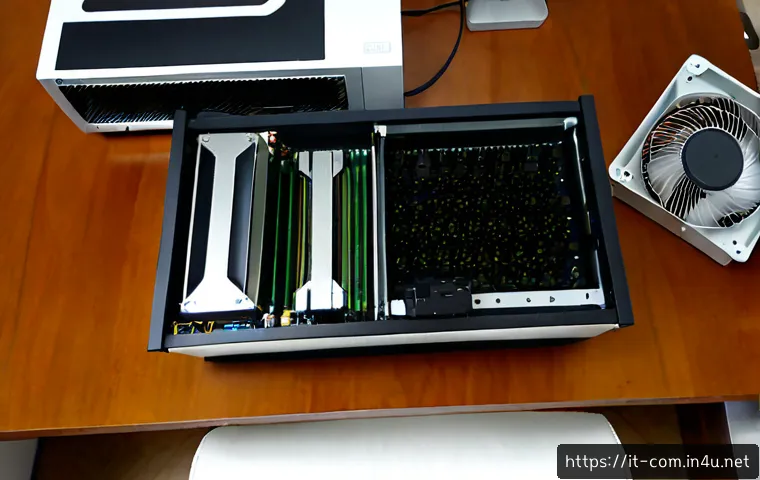 Home 17 컴퓨터 부품별 전력 소비량 분석 - Photorealistic overhead view of a clean modern home office in Italy, an open desktop computer case o...